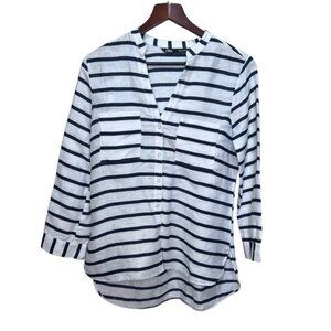 Zara Striped Blue  White Oversized Linen Shirt Size Small